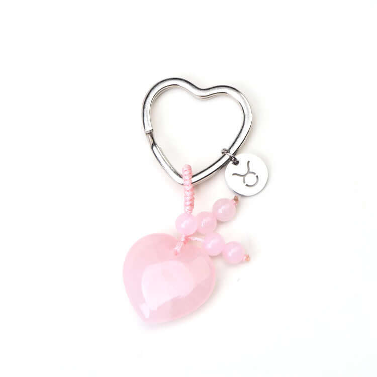 Psychic Sisters Zodiac Heart-shaped keychain with pink beads and a pink heart charm on a white background